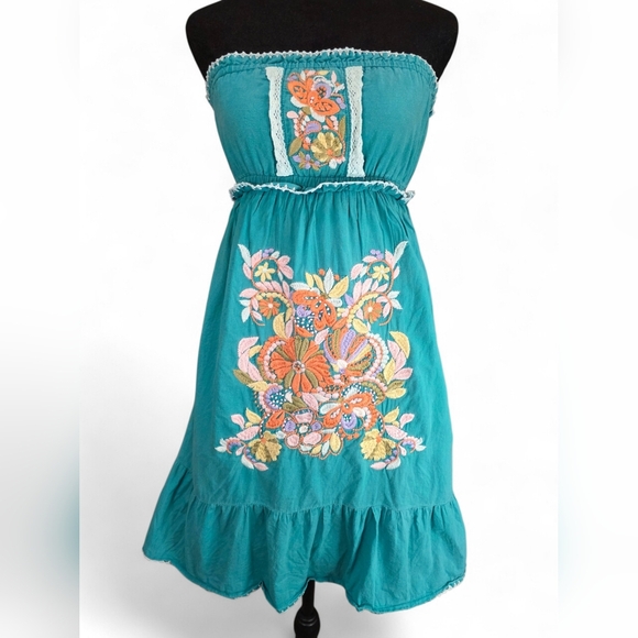 Miss Me Dresses & Skirts - Miss Me Strapless Embroidered Lined Mini Dress Teal Cotton Small Boho Festival